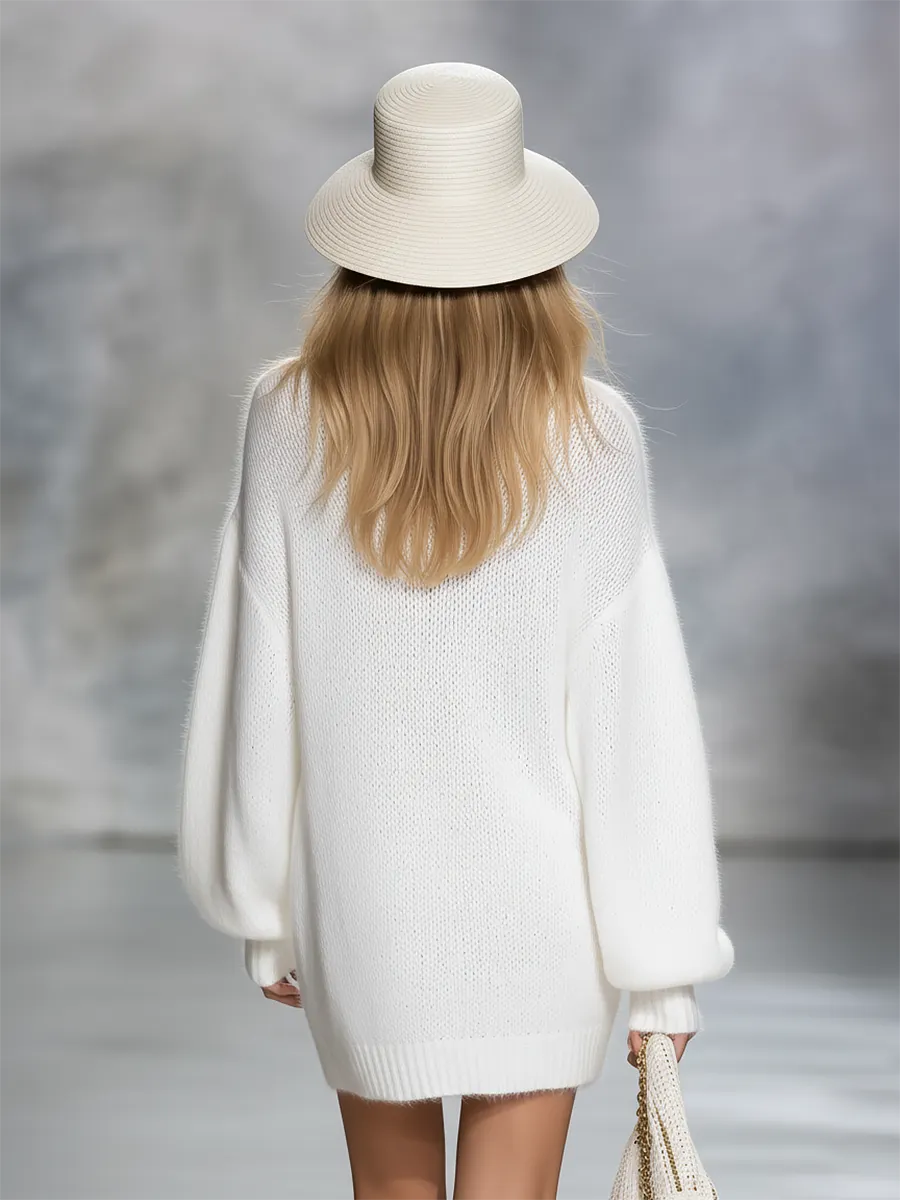 Casual Elegant V-neck Solid Color Knitted Mini Dress