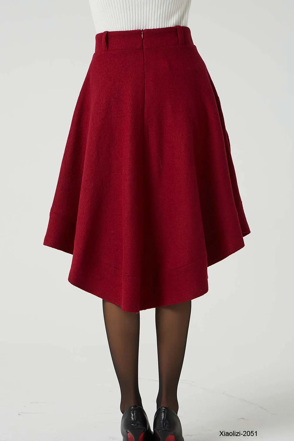 Red Wool Skirt - High Waisted with Asymmetrical Hem and Pockets 2051