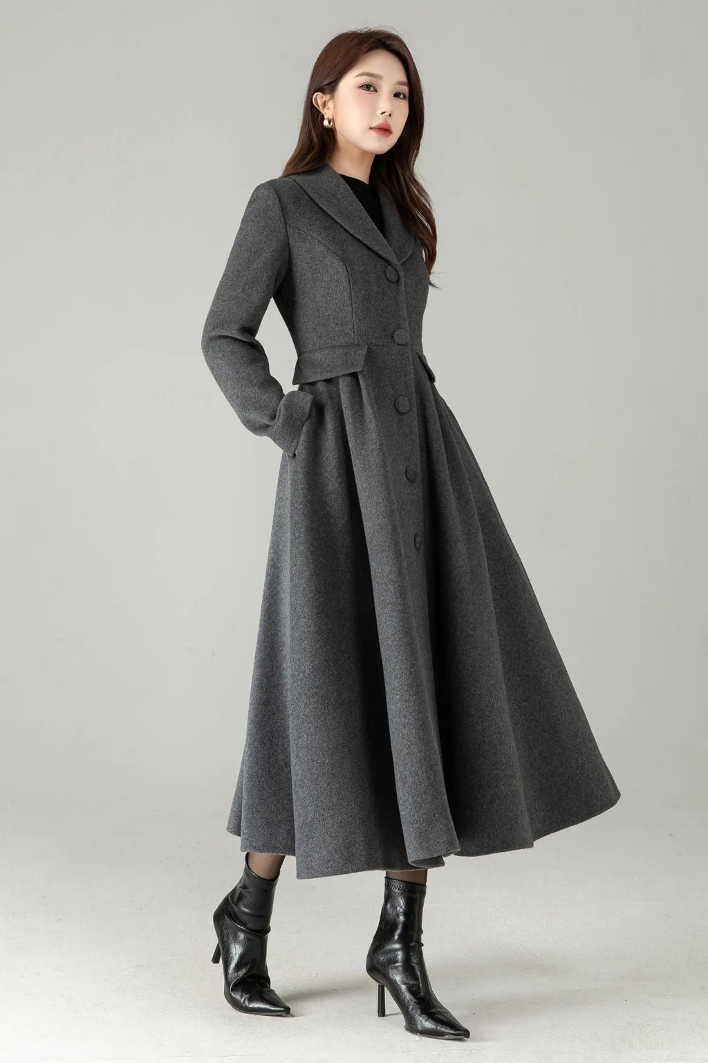 Gray Wool Maxi Coat – Single-Breasted Fit & Flare Long Winter Coat 