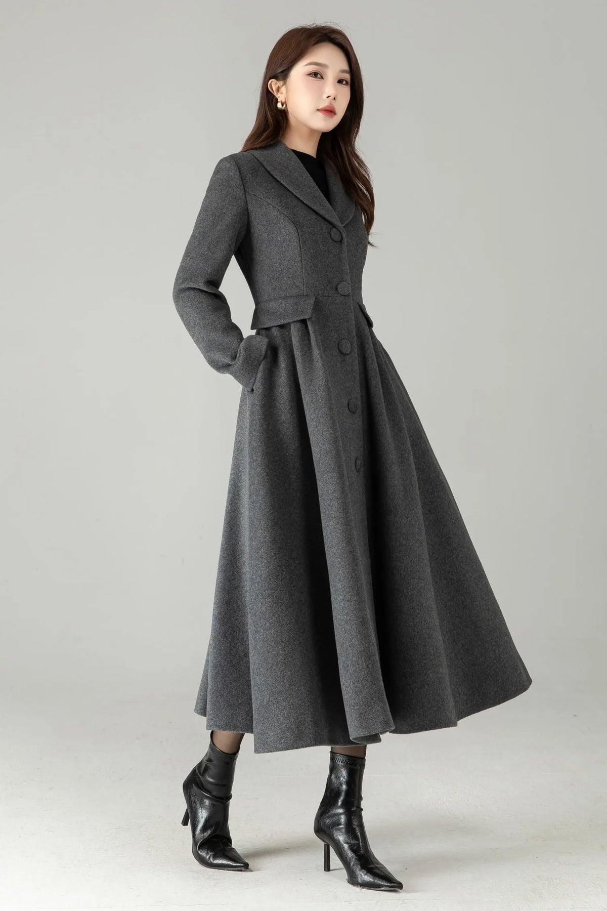 Gray Wool Maxi Coat – Single-Breasted Fit & Flare Long Winter Coat 