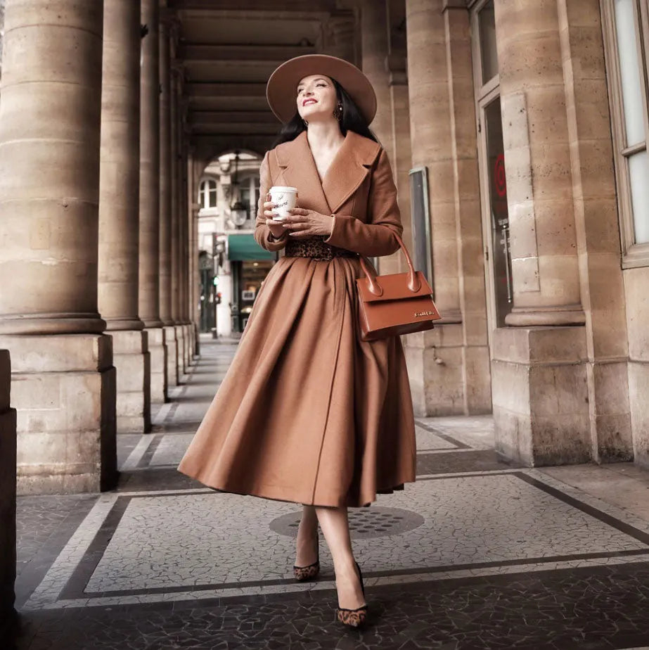 Elegant Camel Wool Blend Coat – Handmade Fit & Flare Midi Winter Coat 