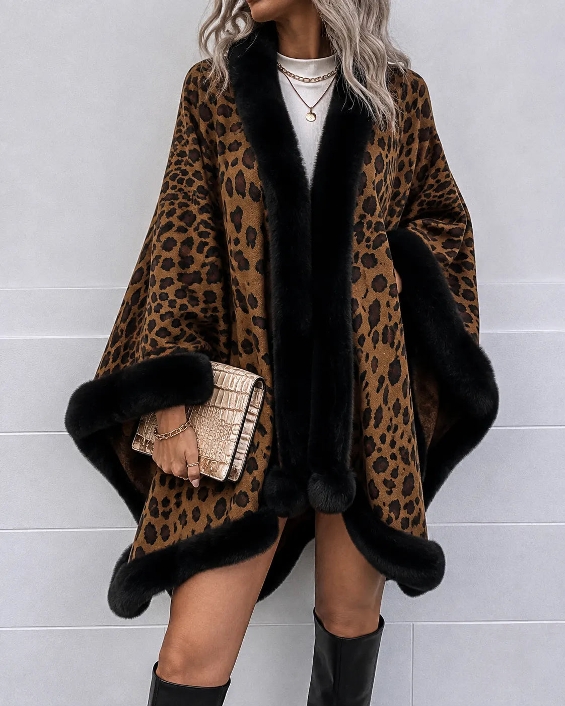 Leopard Faux Fur Trim Poncho