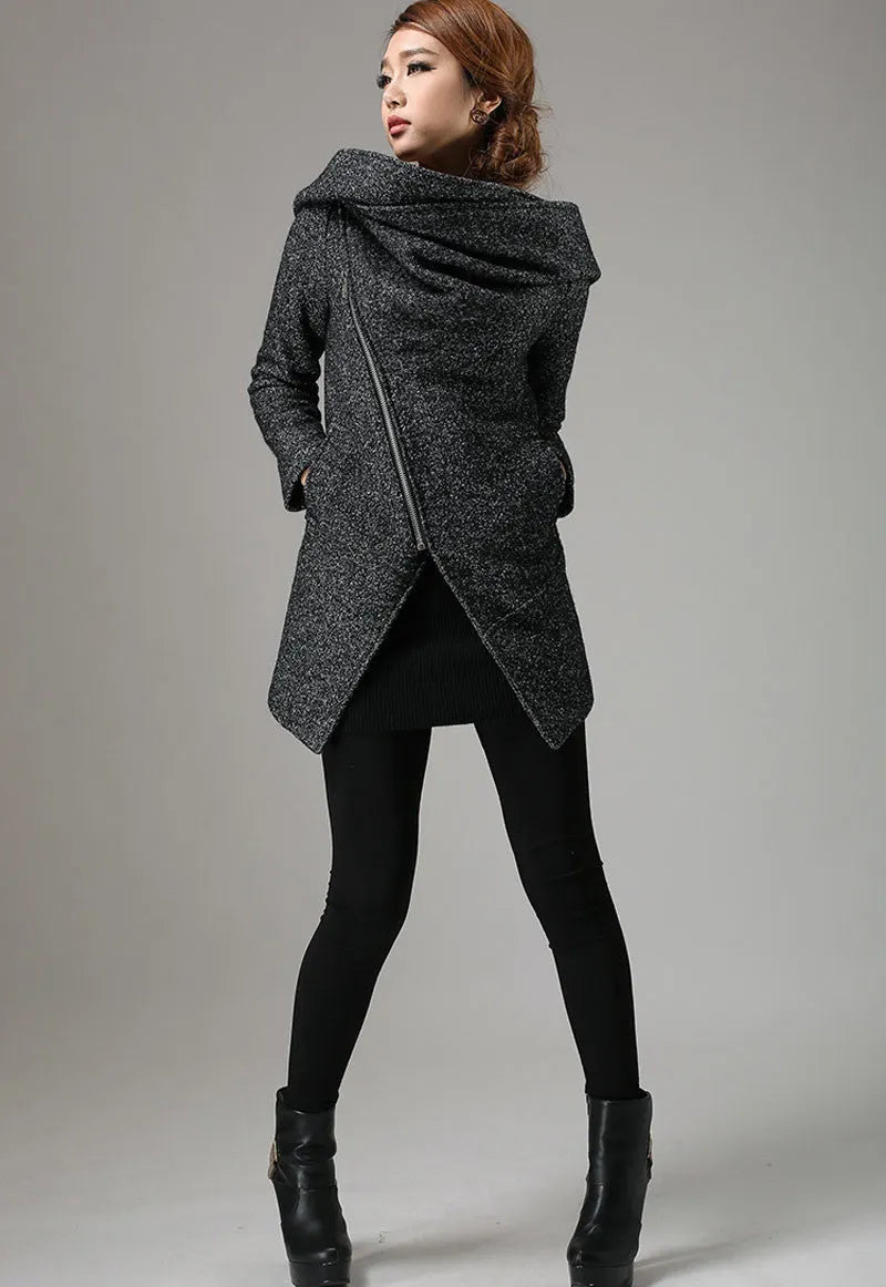Charcoal Black Biker Wool Coat – Cowl Neck Hooded Winter Jacket 