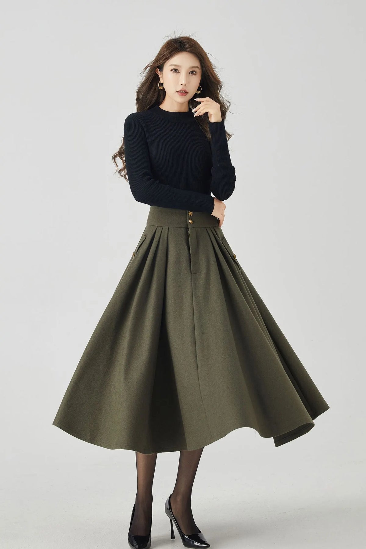 Army Green Wool Pleated Skirt - Elegant Below Knee Silhouette 4530