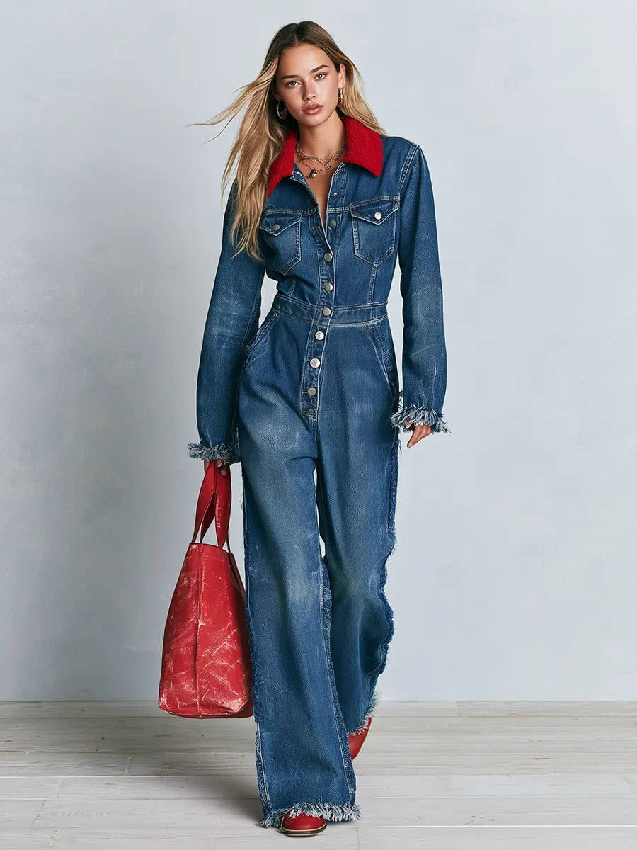 Women's Contrast Collar Frayed Hem Button Front Denim Wide Leg Jumpsuit