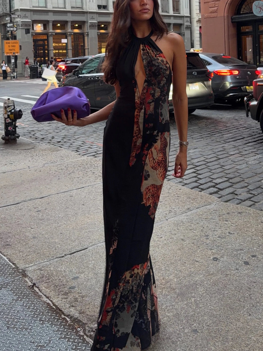 Black Floral Halter Open Back Maxi Dress
