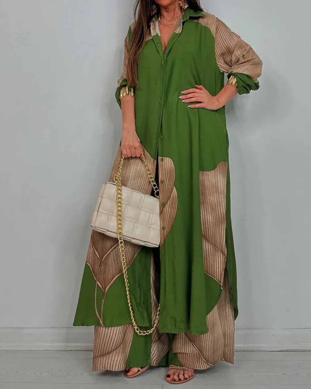 Women's V-neck Patchwork Printed Top and Pants Commuting Casual Suit