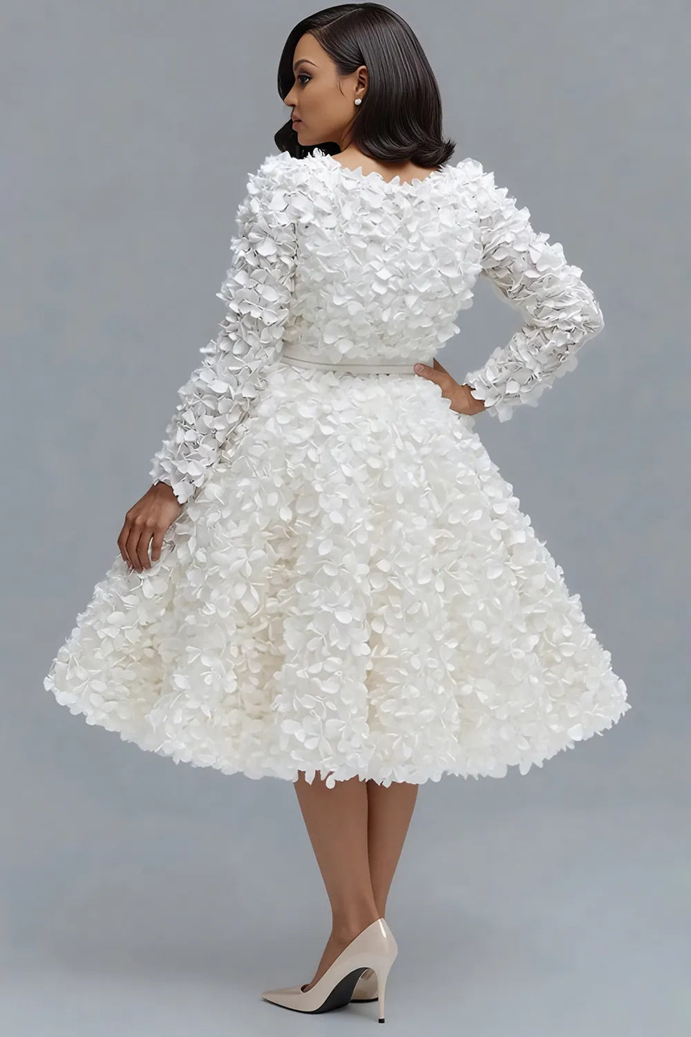 Wedding White Round Neck Long Sleeve Bow Tie Elegant 3D Midi Dresses
