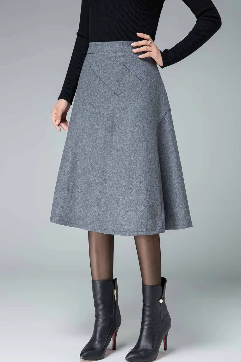 Gray Wool A-Line Skirt - Seam Detail Banded Waist 