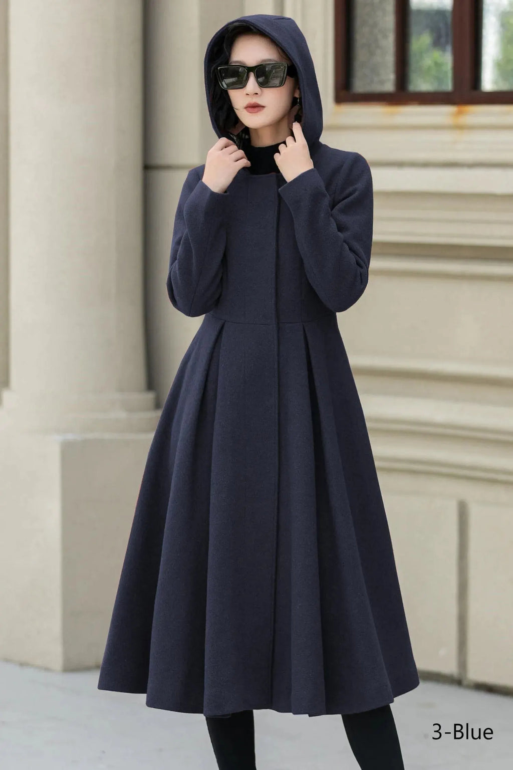 Green Wool Blend Midi Coat - Hooded A-Line Swing Silhouette 6381
