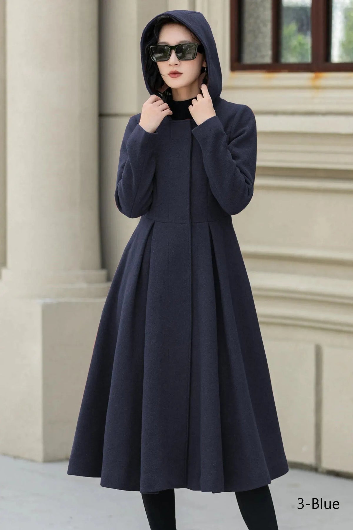 Green Wool Blend Midi Coat - Hooded A-Line Swing Silhouette 6381