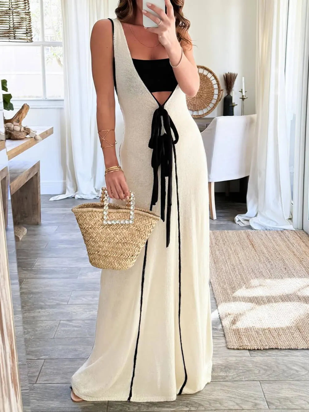Contrast Color Self-Tie Charming Flowy Oversized Maxi Dress