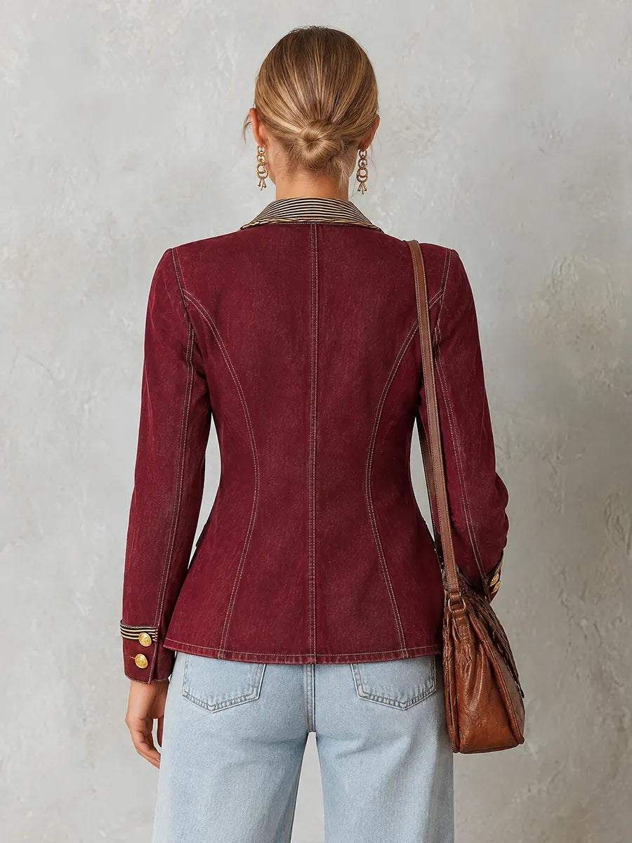 Burgundy Double and Striped Lapels Breasted Blazer