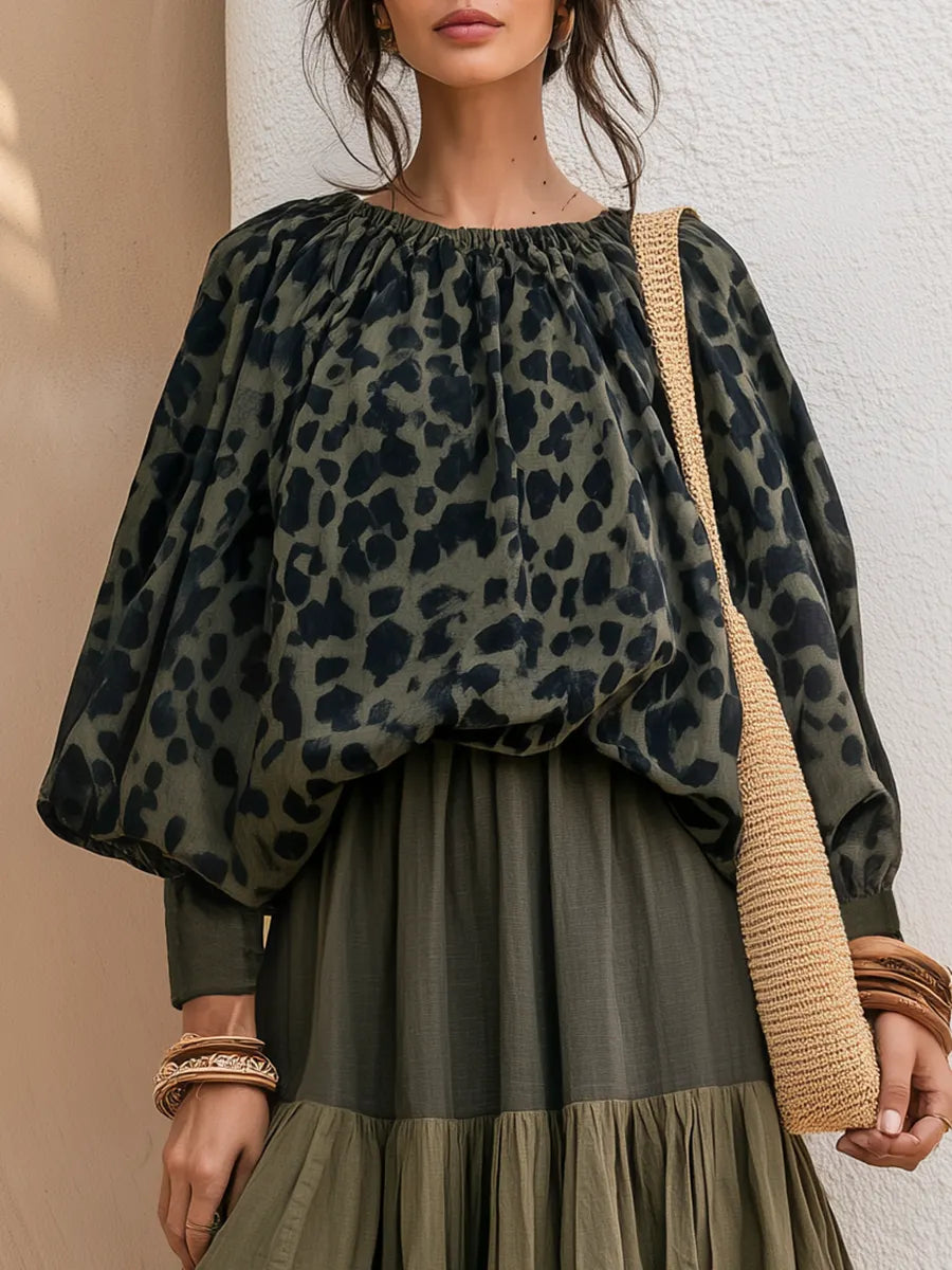 Retro-chic Leopard Print Faux-suede Top And Green Patchwork Cotton-linen Skirt Set