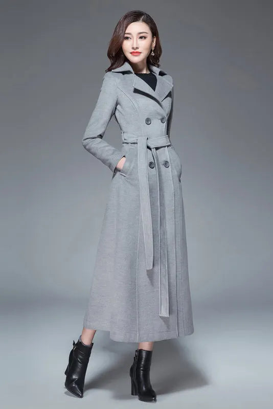 Handmade Light Gray Wool Coat – Elegant Double-Breasted Belted Long Overcoat 