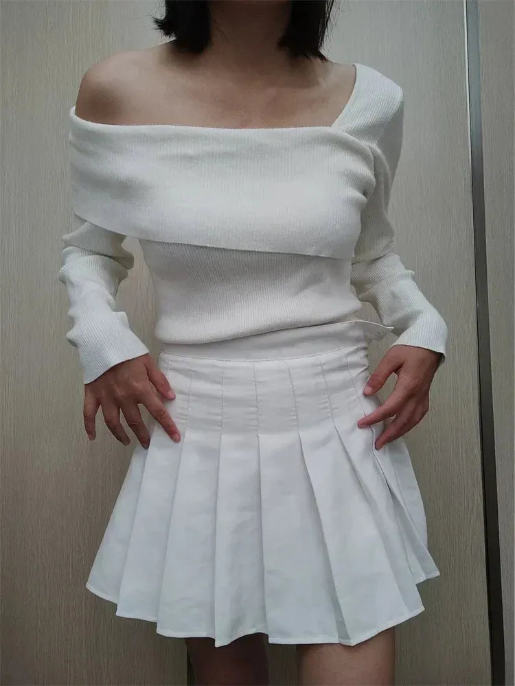 Off Shoulder Irregular Neck Long Sleeve Ribbed Knitted T-shirts