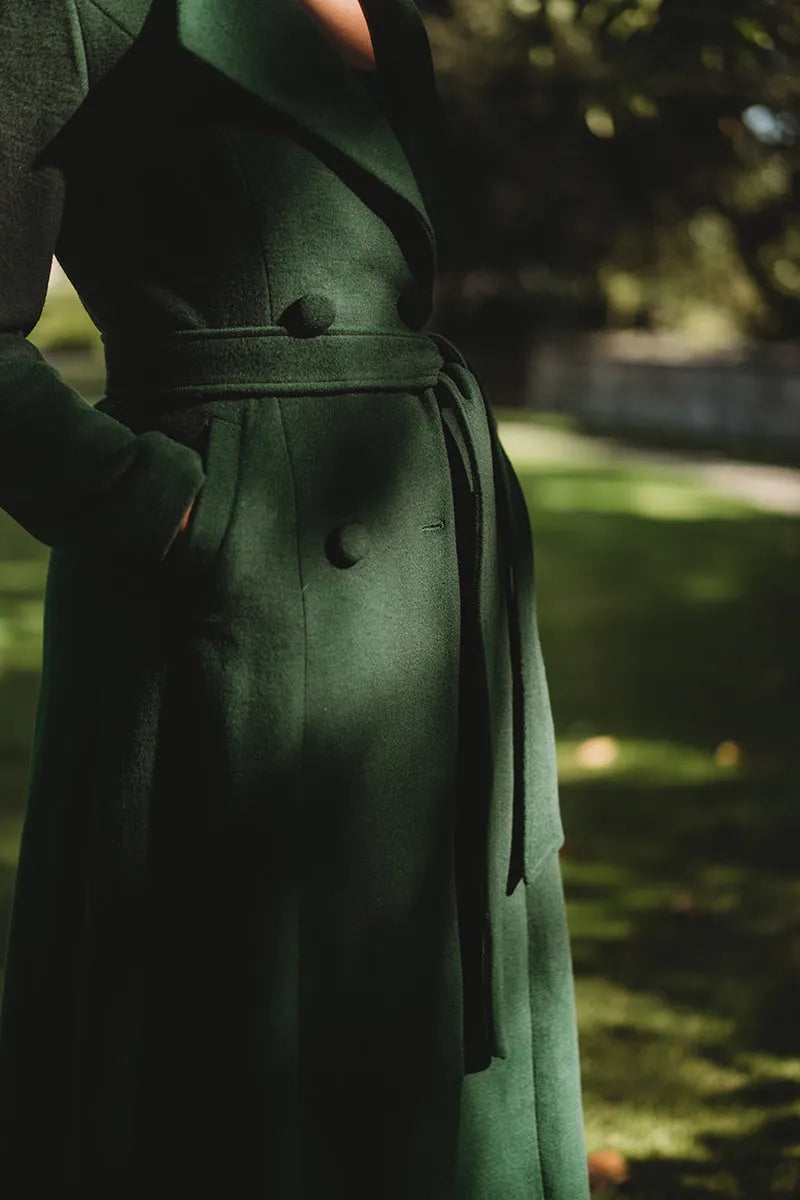 Handmade Green Wool Coat – Long Double-Breasted Winter Overcoat with Belt 