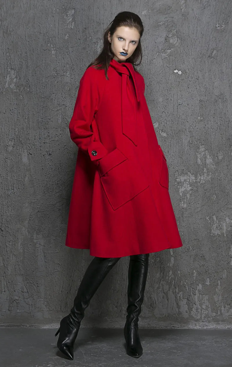 Vintage Wool Coat for Women – Handmade Red Bow-Tie Neck Long Winter Coat 