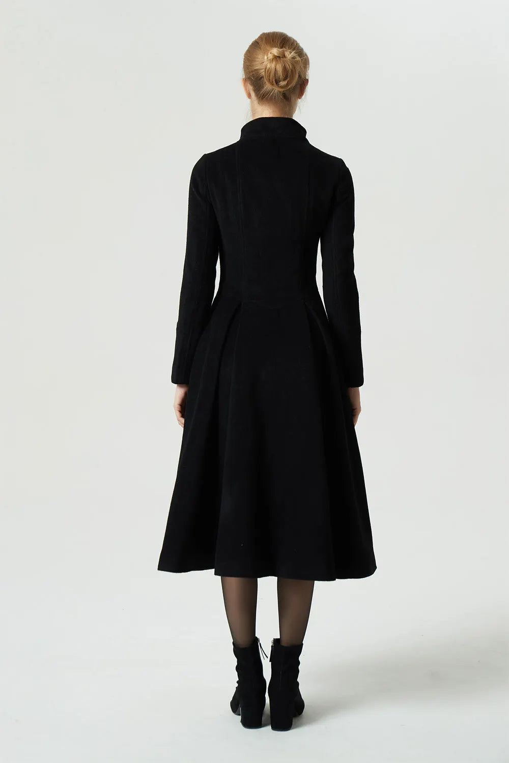 Vintage Wool Coat for Women – Handmade Black Stand Collar Fit and Flare Winter Coat 