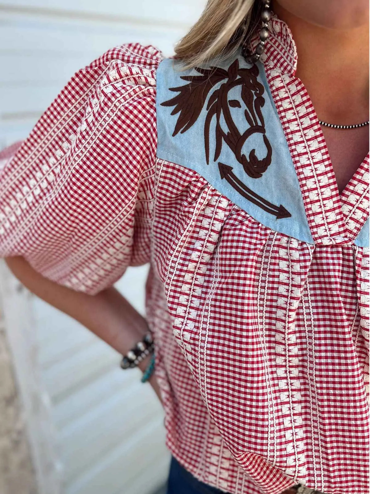 Prairie Horse Gingham Puff Sleeve Blouse