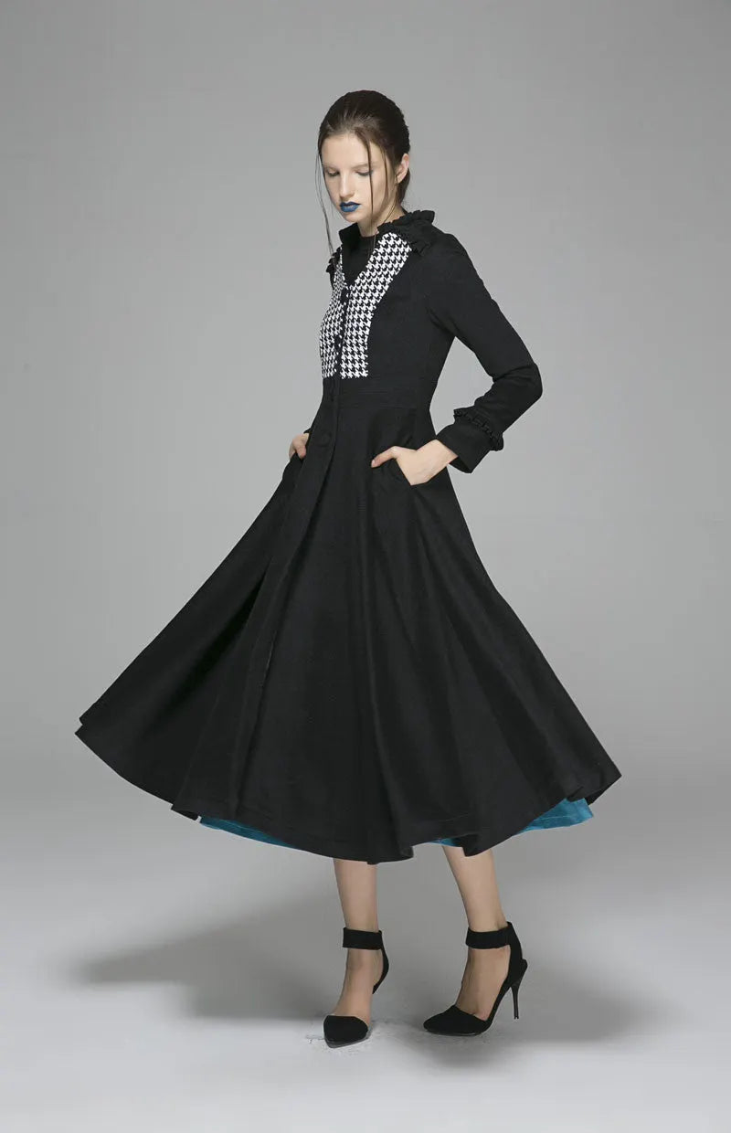 Black Wool Fit & Flare Winter Coat – Houndstooth Bodice & Full Skirt 1375