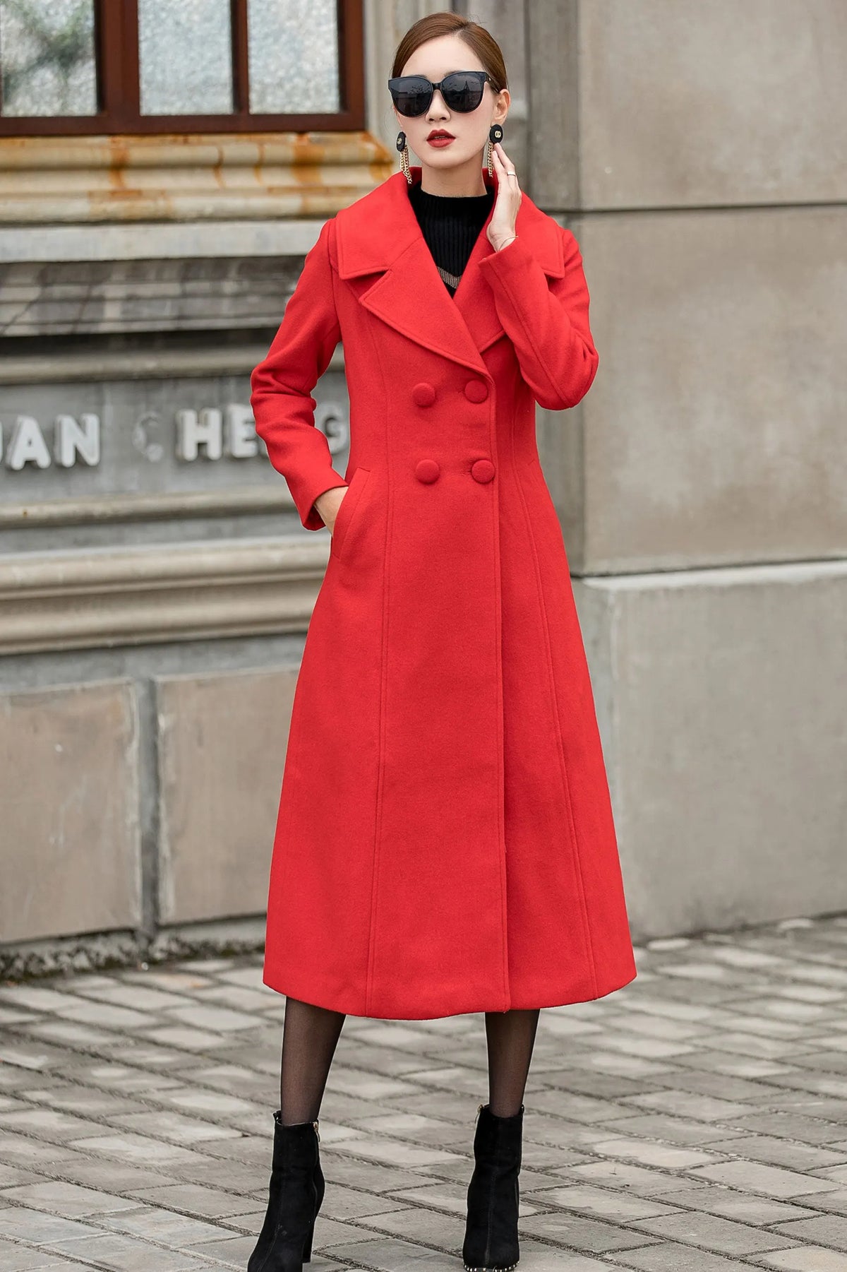 Handmade Red Wool Coat – Vintage Double Breasted Long Winter Overcoat 
