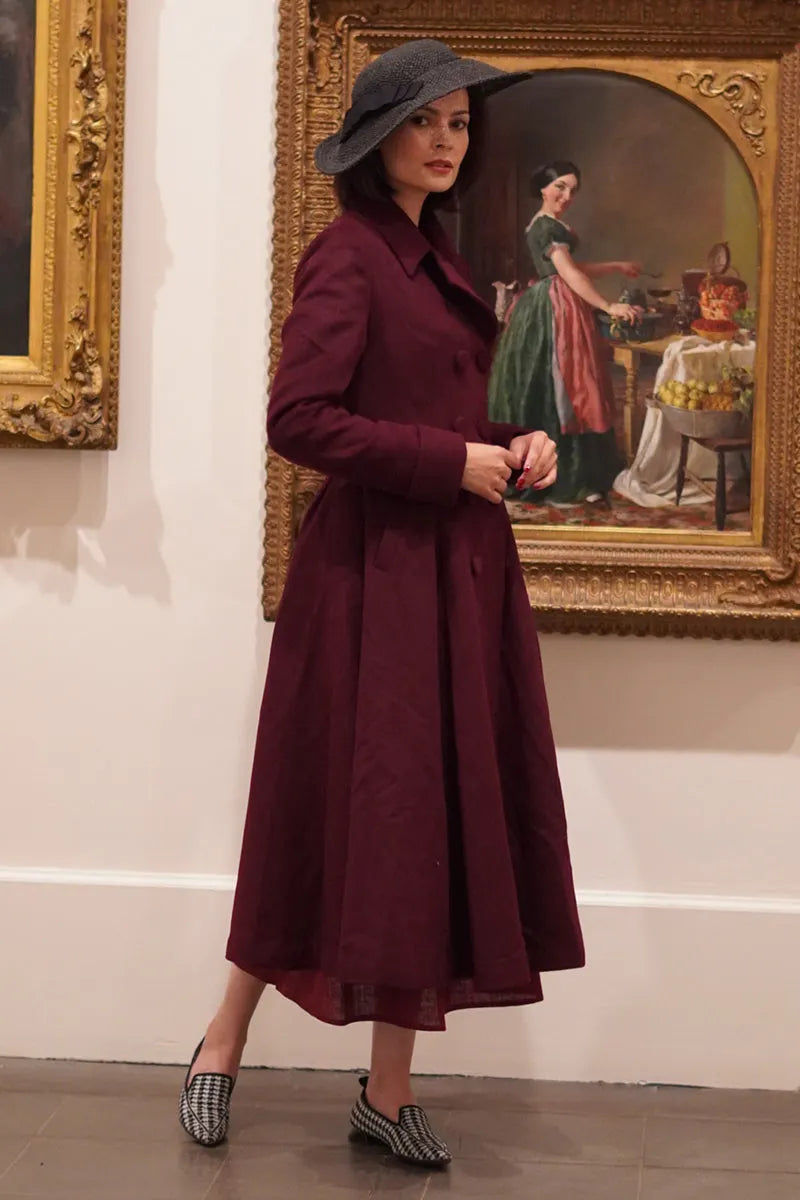 Xiaolizi Vintage Burgundy Wool Coat for Women – Handmade Double Breasted Fit-and-Flare Winter Coat 3864