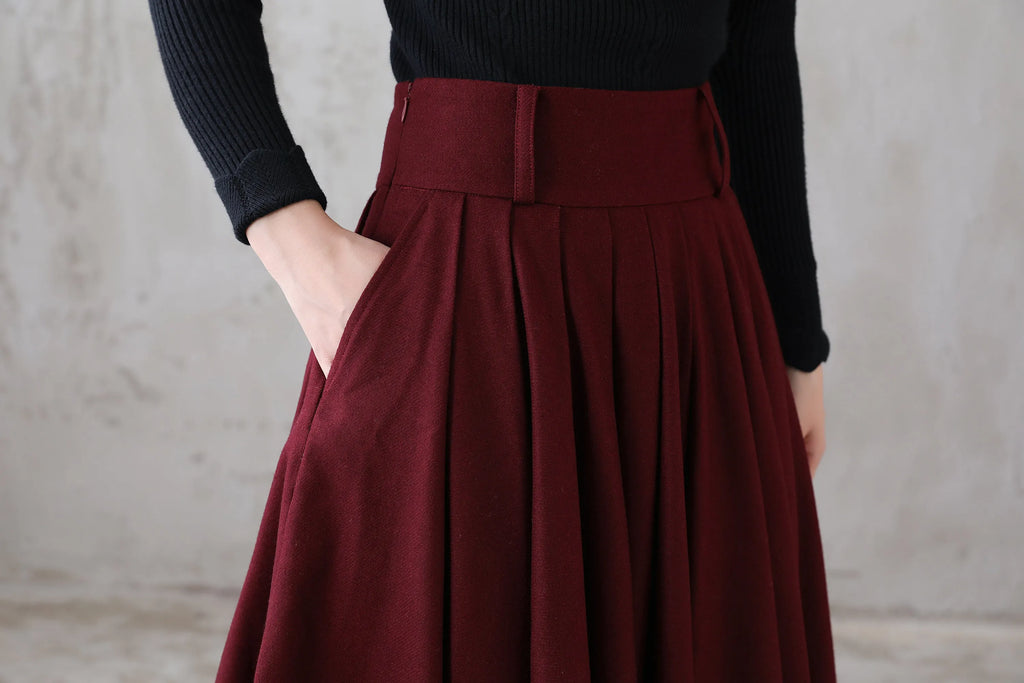 Burgundy Wool Midi Skirt – Vintage High Waist Pleated Circle Skirt 3110
