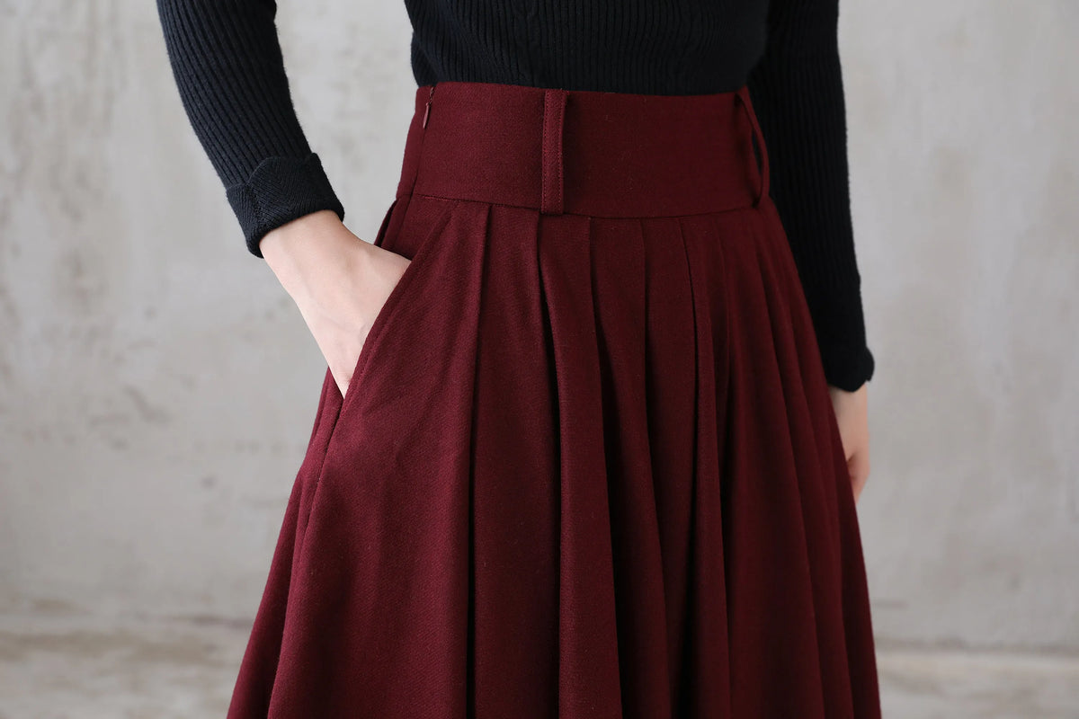 Burgundy Wool Midi Skirt – Vintage High Waist Pleated Circle Skirt 3110