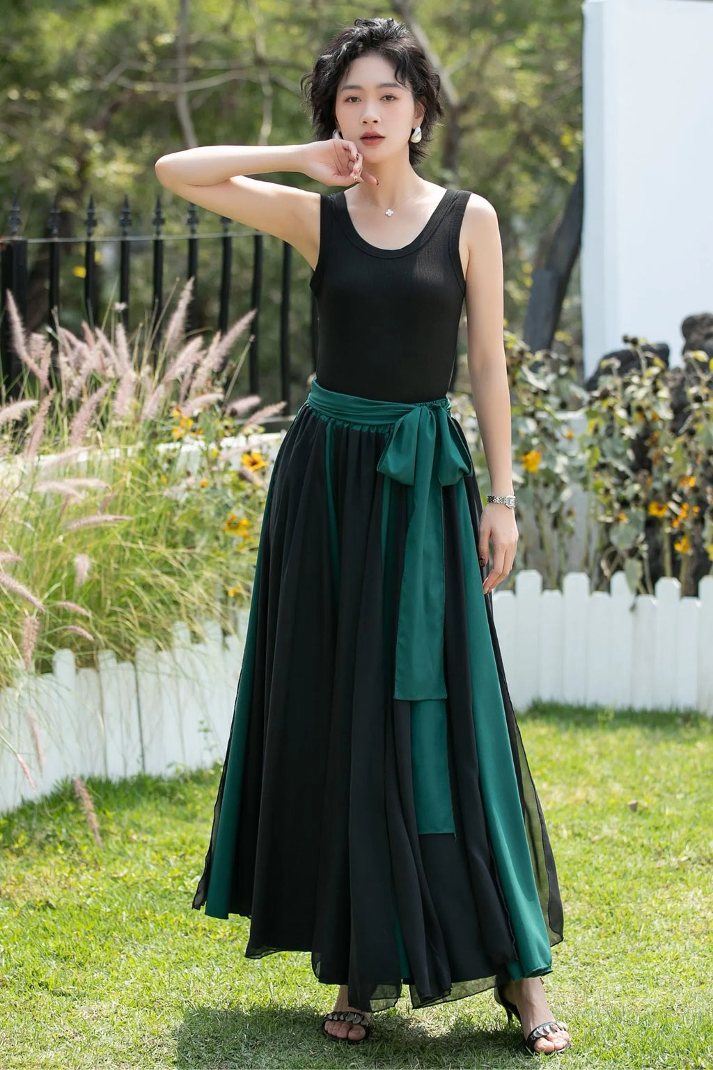 Black and Emerald Green Chiffon Maxi Skirt 