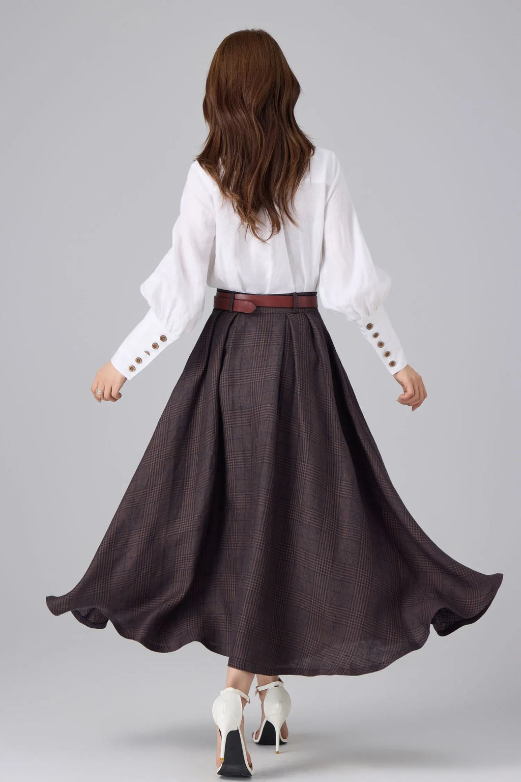 Brown Linen Cotton Skirt - Plaid High Waist 