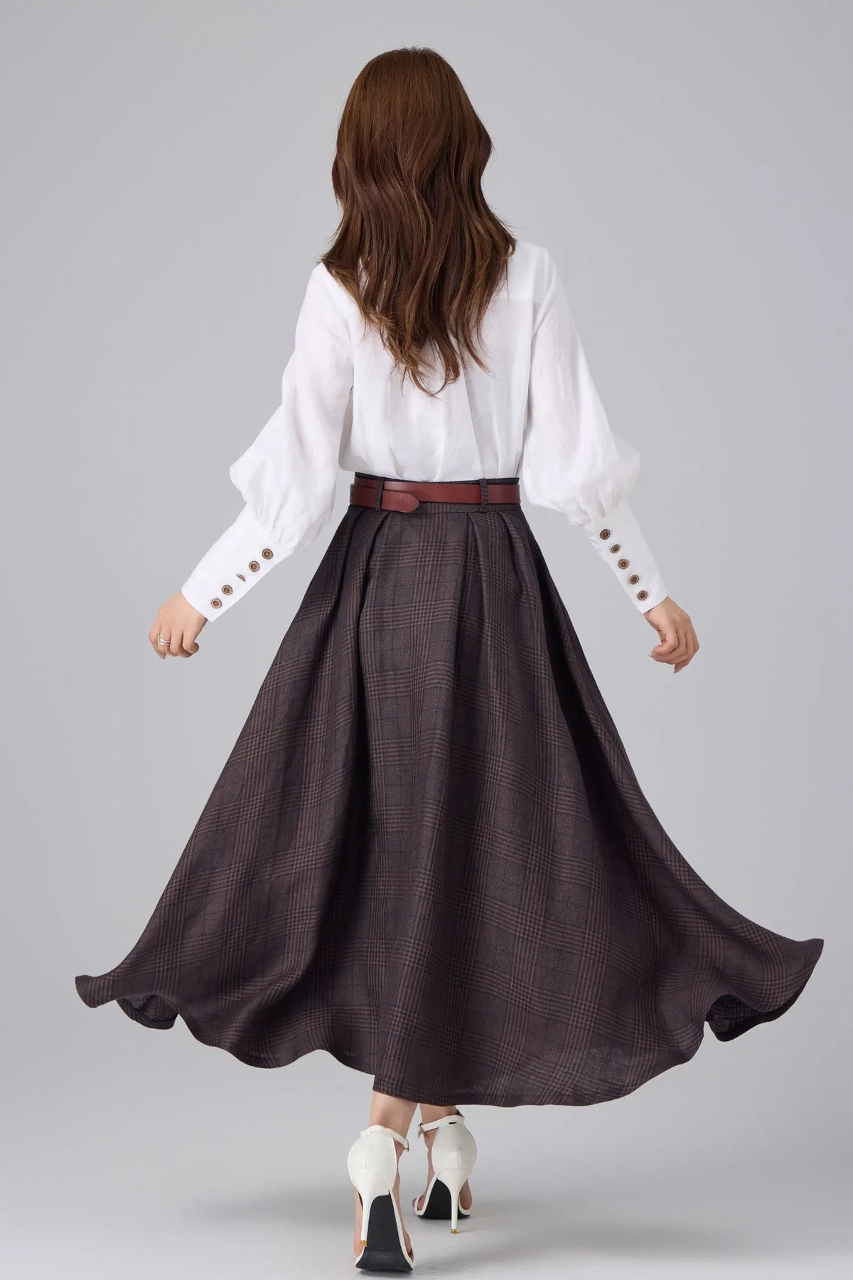 Brown Linen Cotton Skirt - Plaid High Waist 