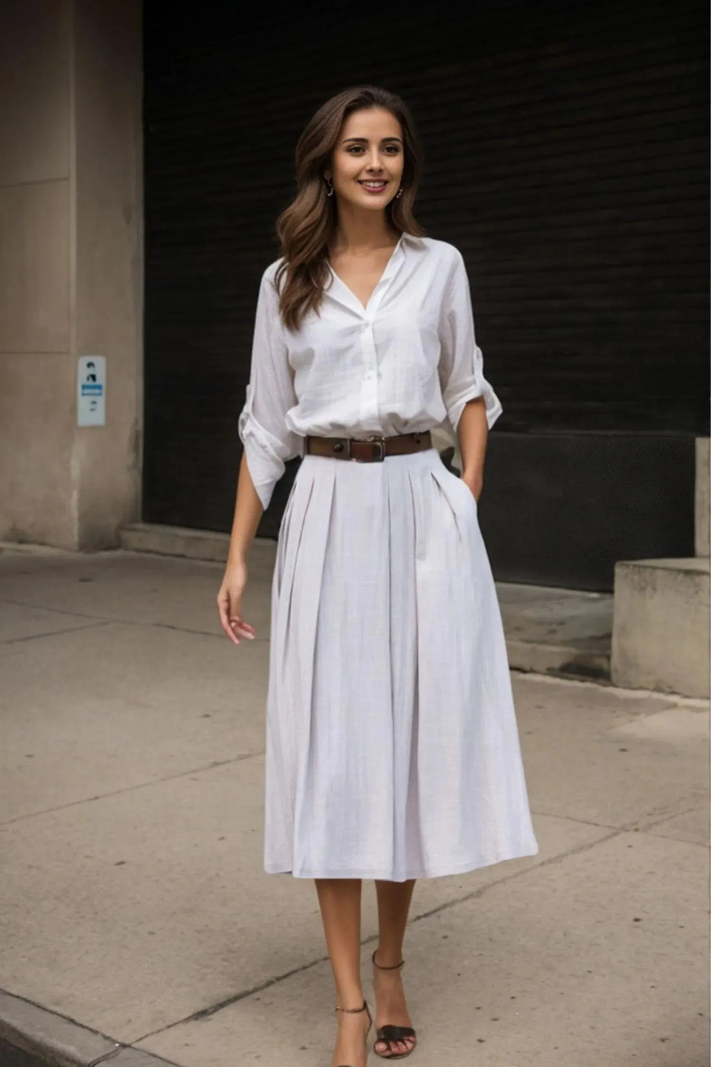 Light Grey Cotton Linen Midi Skirt - Pleated A-Line High Waist 3544