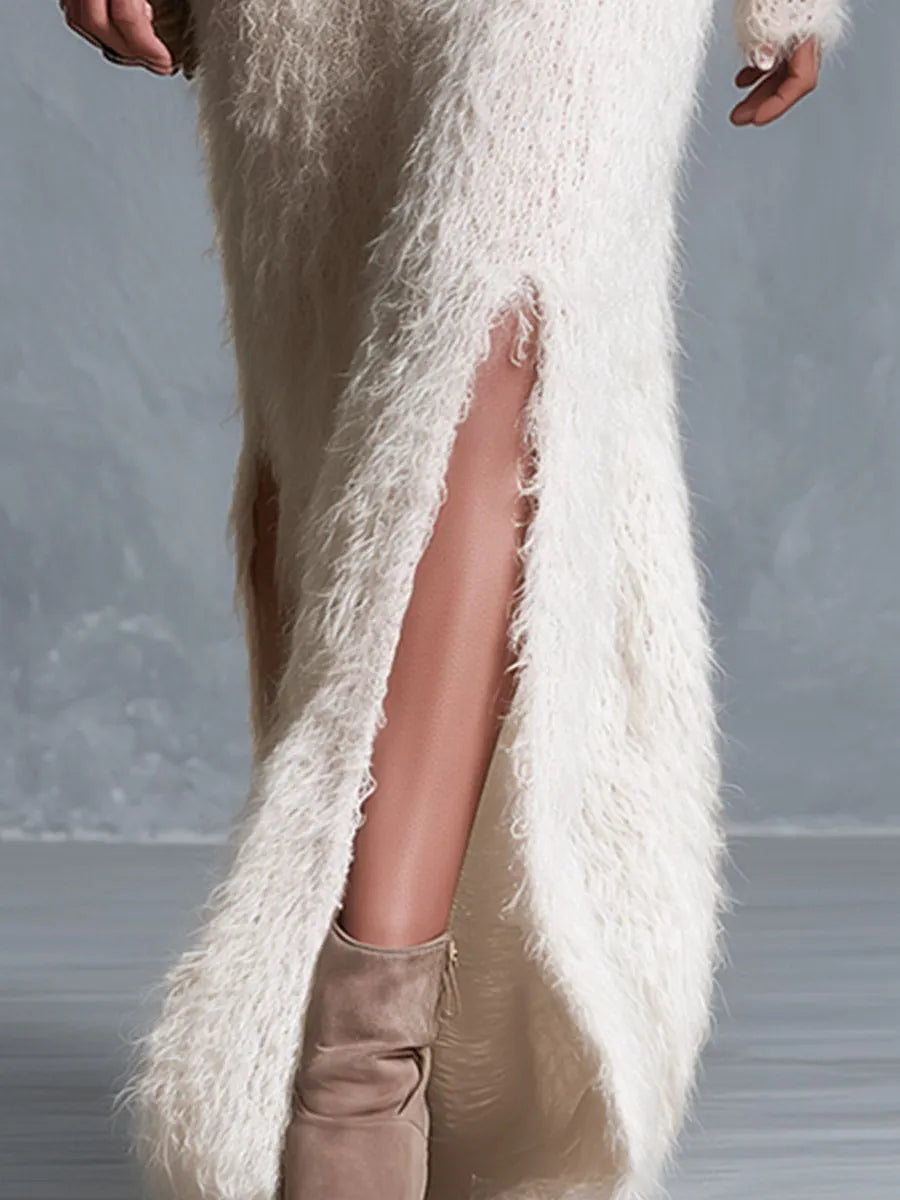 Vintage & Cozy V-Neck Deer Motif Ivory Long Shaggy-Knit Maxi Dress
