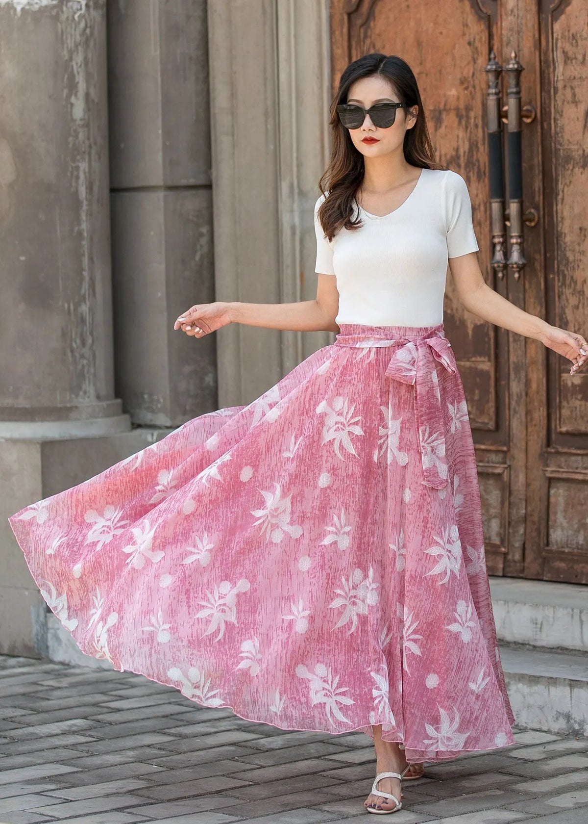 Vintage-Inspired Pink Floral Maxi Skirt for Women 
