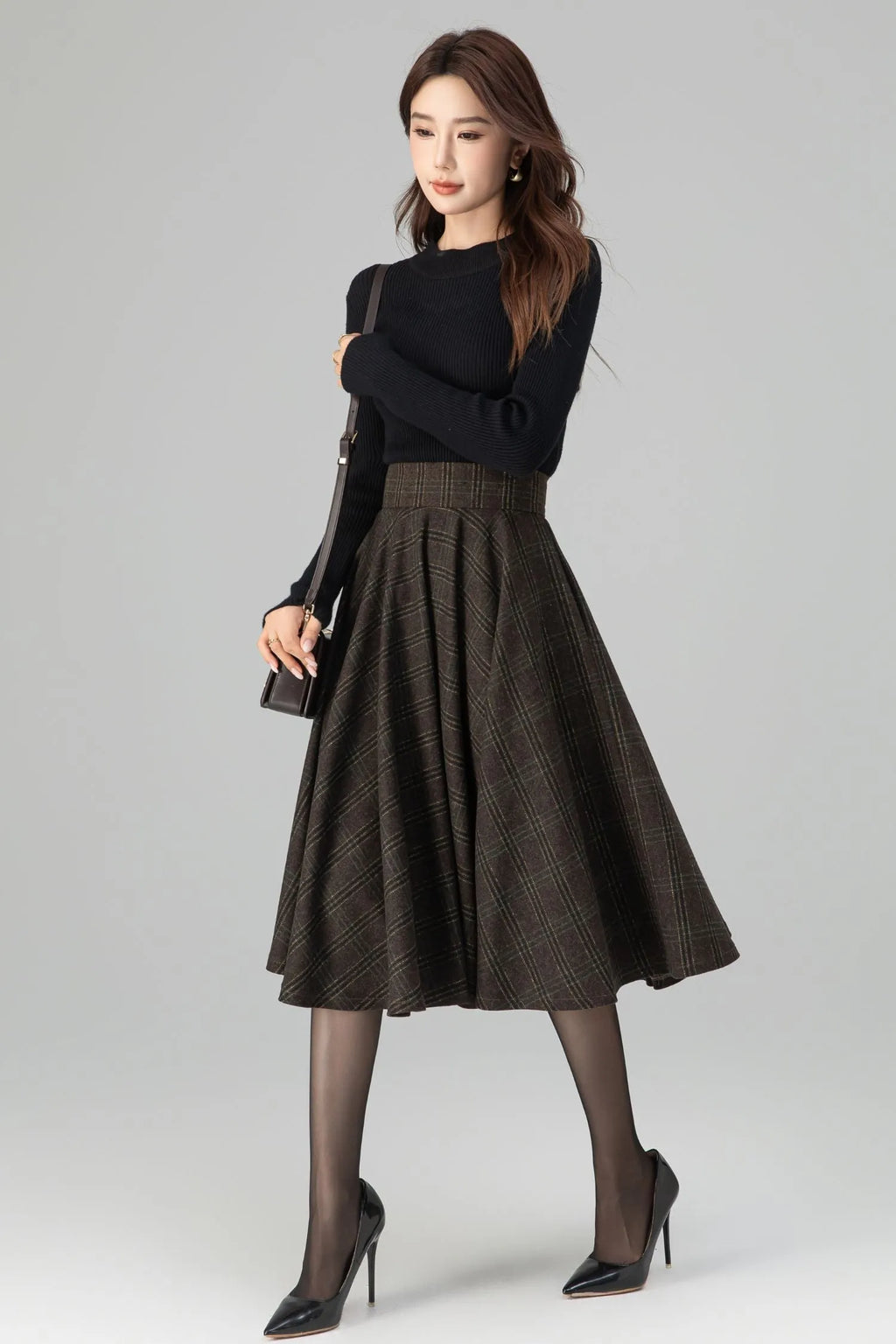 Brown Wool Midi Skirt - High-Waisted Wide Waistband Circle Silhouette 6396