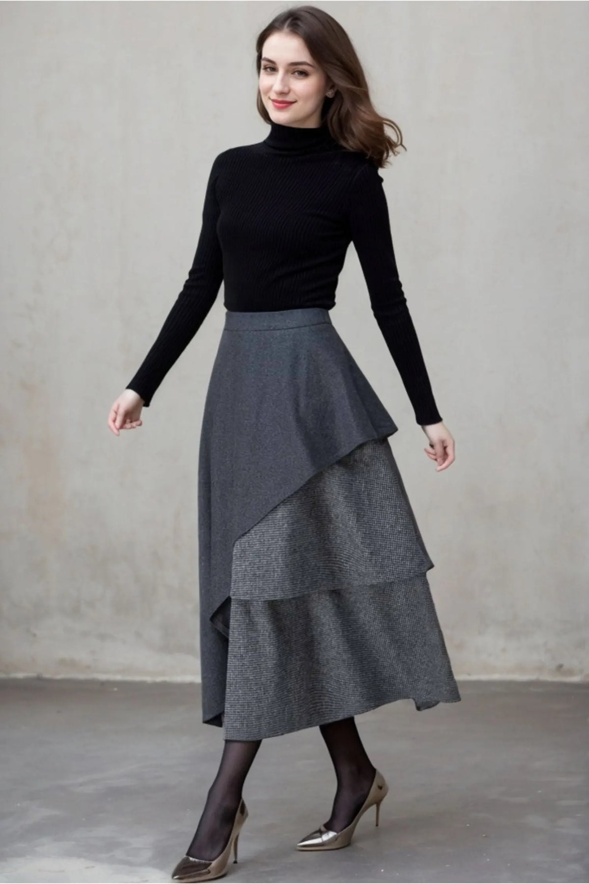 Gray Wool Layered Midi Skirt - Asymmetric Elegant Winter Wear 5409