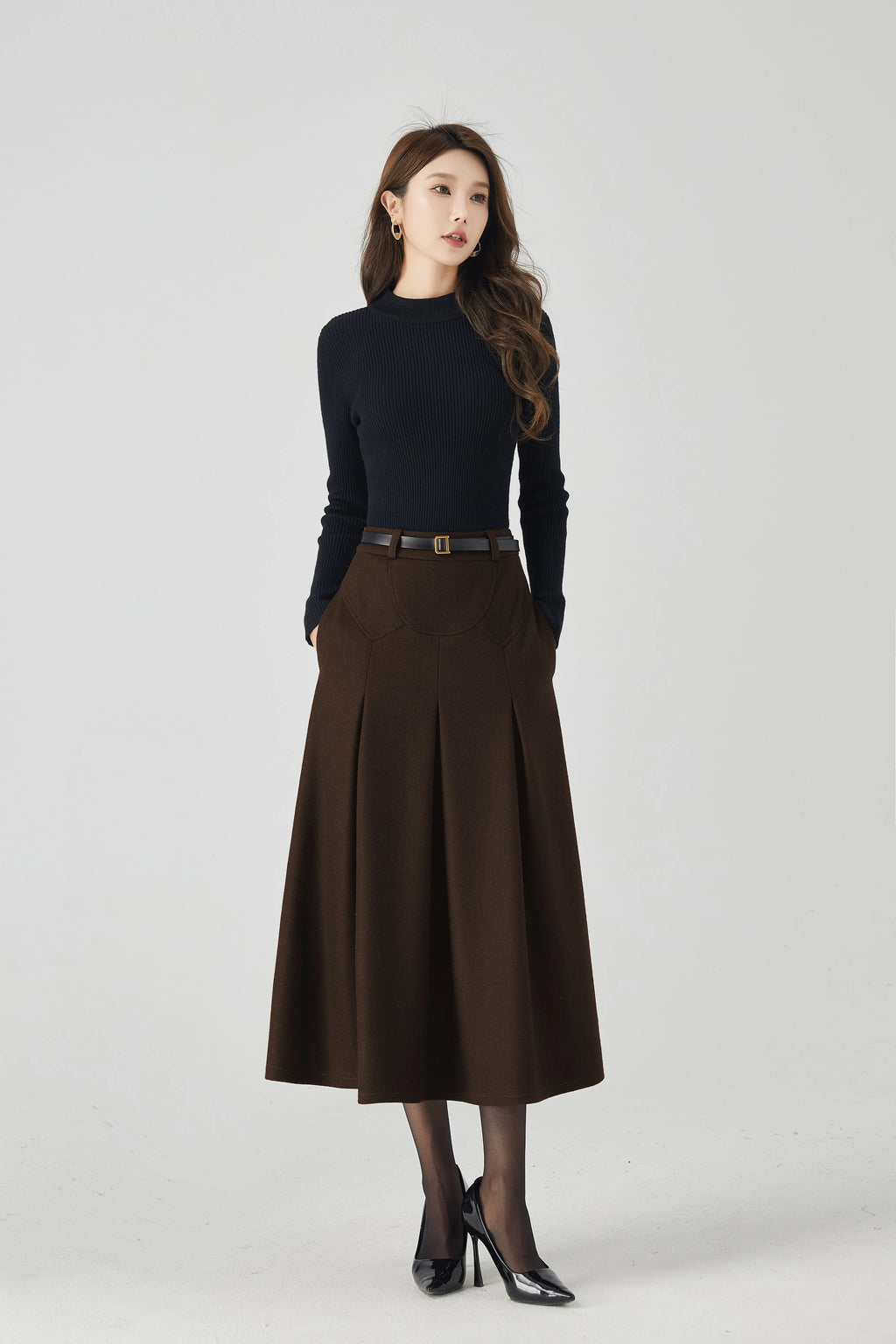 Brown Wool Pleated Midi Skirt - High-Waist A-Line Silhouette 6333
