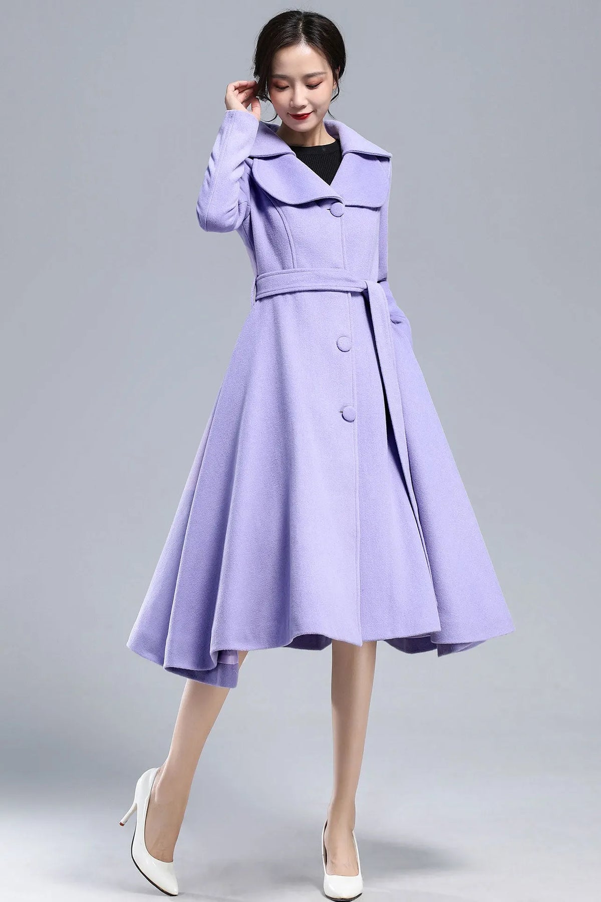 Xiaolizi Purple Wool Coat for Women – Handmade Vintage Fit-and-Flare Winter Overcoat with Double-Folded Lapel Collar 316