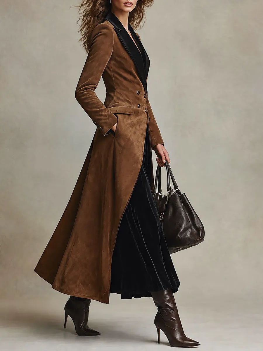 Elegant Long Suede-Look Double-Breasted Coat with Velvet Lapel