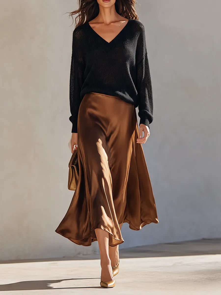 Women's V-Neck Knit Top & Faux-Silk Midi Skirt Set MDZ2781H4ZRK