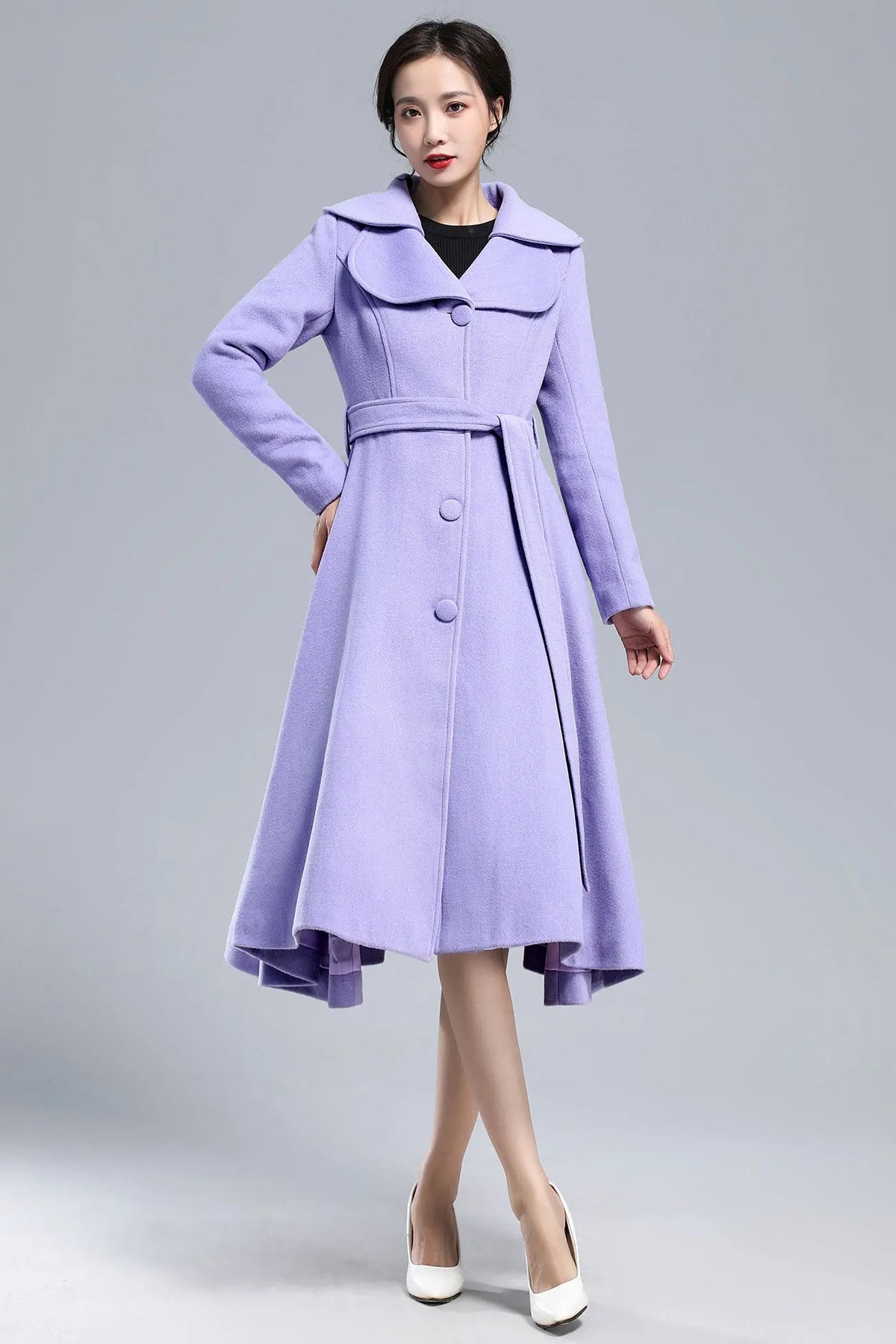 Xiaolizi Purple Wool Coat for Women – Handmade Vintage Fit-and-Flare Winter Overcoat with Double-Folded Lapel Collar 316