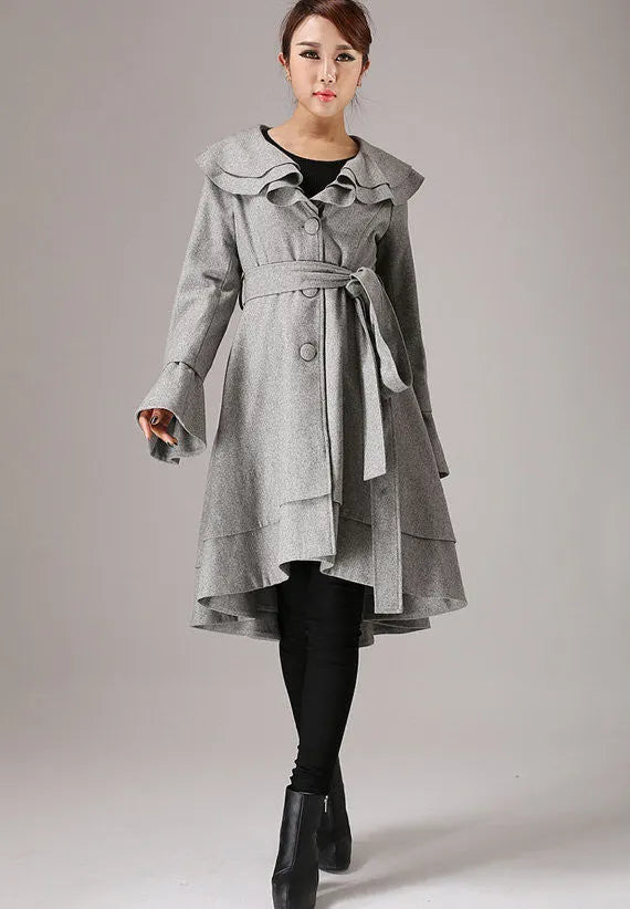 Wool Ruffled Coat – Women’s Vintage Belted Layered Hem Jacket 0763