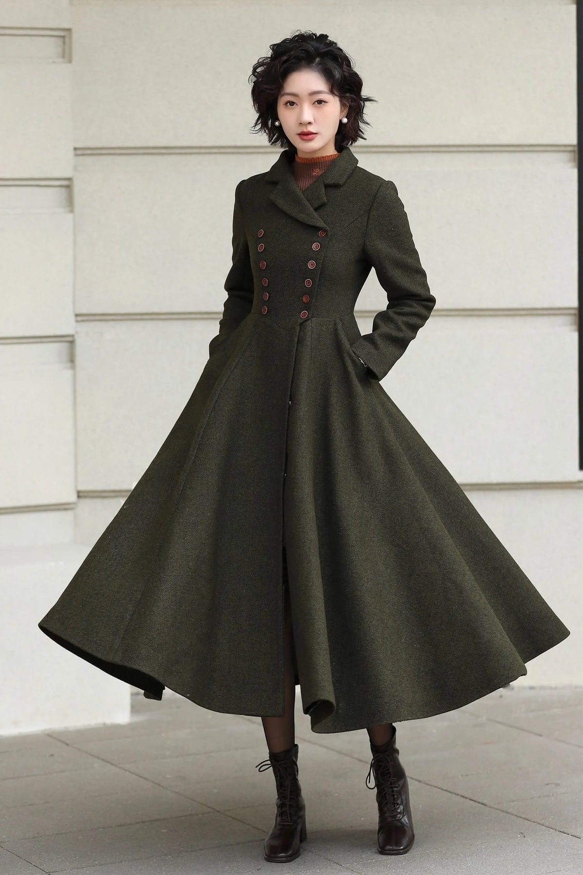 Xiaolizi Olive Green Handmade Wool Coat – Vintage A-Line Double Breasted Winter Coat 6611