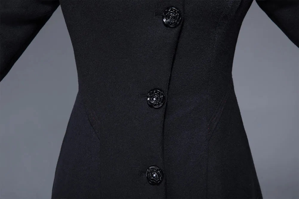 Handmade Vintage Black Winter Coat – Fitted Waist Flare Midi 