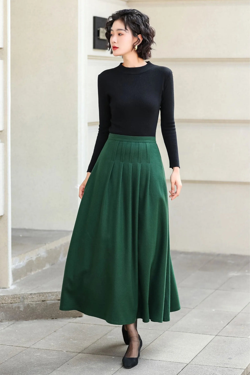 Green Wool Blend A-Line Ankle Length Skirt - High Waist Flowy 6973