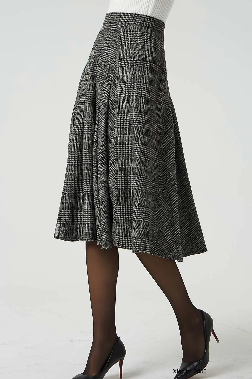 Grey Wool Pleated Knee Length Skirt - Retro A-Line Silhouette 2050
