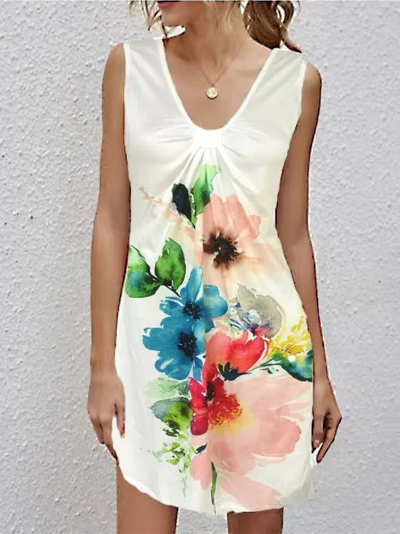 V-Neck Printed Sleeveless Casual Dress