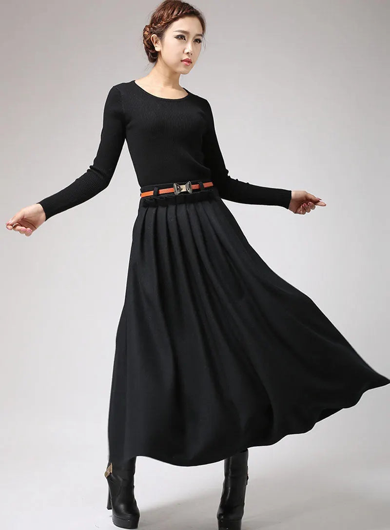 Black Wool Maxi Skirt for Women – Pleated Full-Length Winter Skirt, Handmade 0721