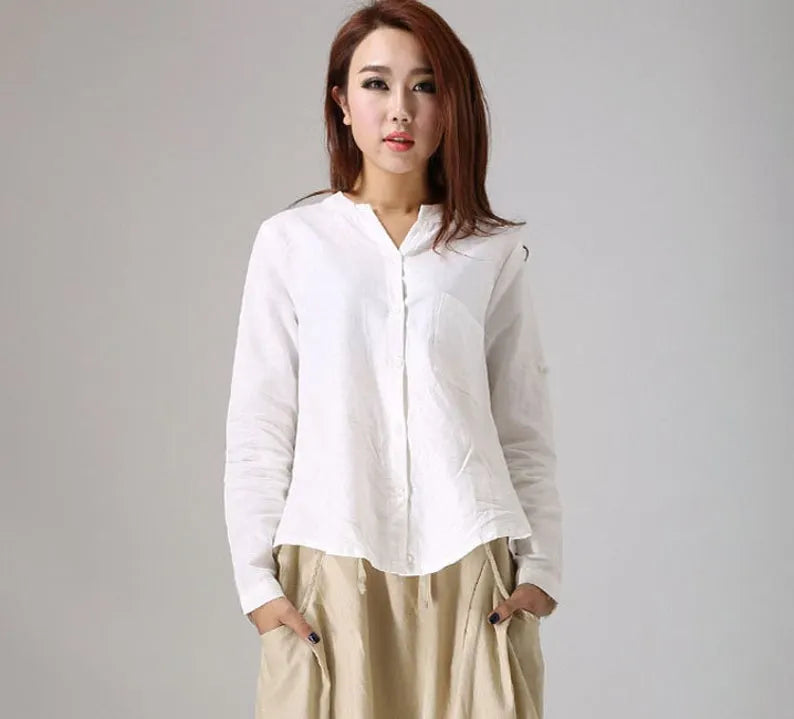 White Linen Blouse - Button Front, Long Sleeve Shirt 779